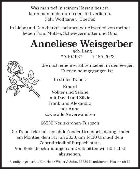 Todesanzeige von Anneliese Weisgerber von saarbruecker_zeitung