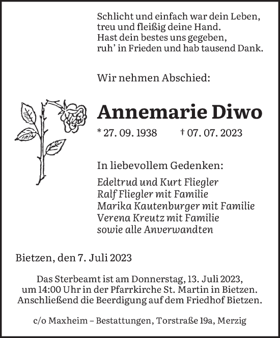 Todesanzeige von Annemarie Diwo von saarbruecker_zeitung
