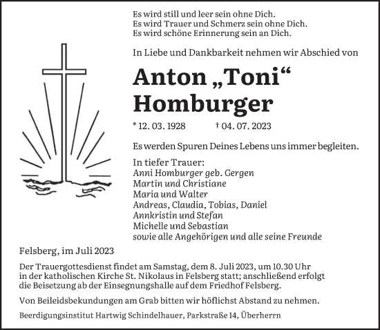 Todesanzeige von Anton Homburger von saarbruecker_zeitung