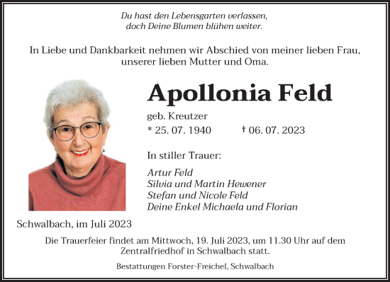 Todesanzeige von Apollonia Feld von saarbruecker_zeitung