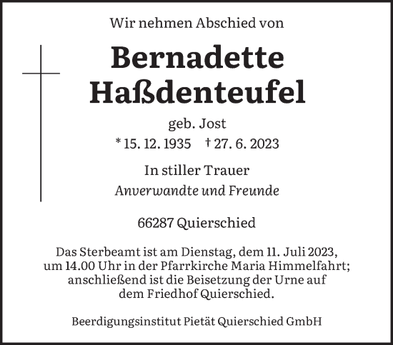 Todesanzeige von Bernadette Haßdenteufel von saarbruecker_zeitung