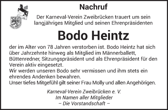 Todesanzeige von Bodo Heintz von saarbruecker_zeitung