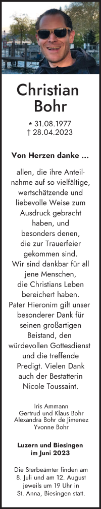 Todesanzeige von Christian Bohr von saarbruecker_zeitung