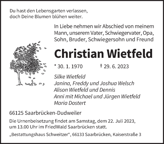 Todesanzeige von Christian Wietfeld von saarbruecker_zeitung