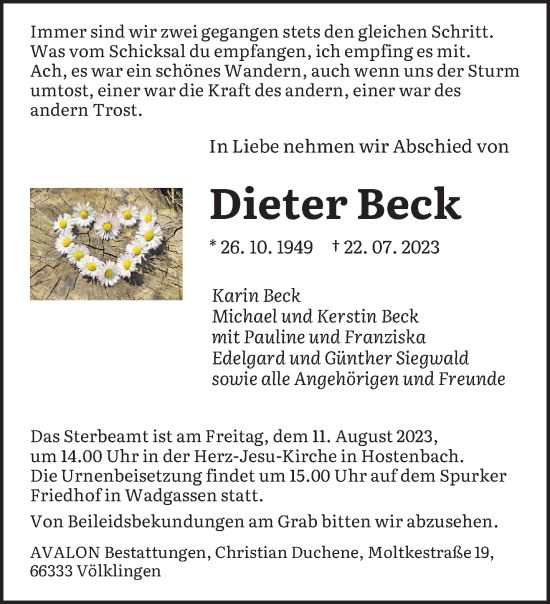 Todesanzeige von Dieter Beck von saarbruecker_zeitung
