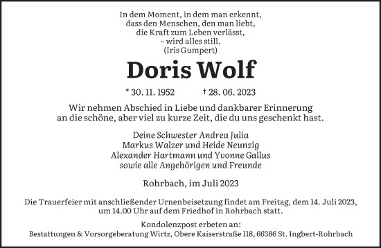 Todesanzeige von Doris Wolf von saarbruecker_zeitung