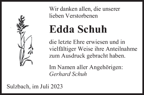 Todesanzeige von Edda Schuh von saarbruecker_zeitung