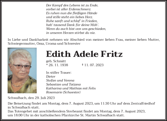 Todesanzeige von Edith Adele Fritz von saarbruecker_zeitung