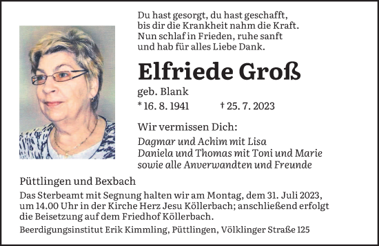 Todesanzeige von Elfriede Groß von saarbruecker_zeitung