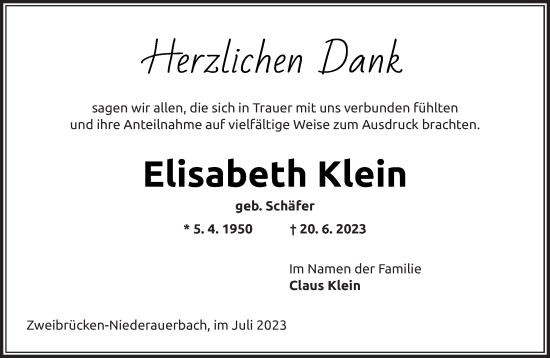 Todesanzeige von Elisabeth Klein von saarbruecker_zeitung