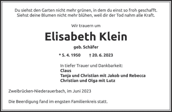 Todesanzeige von Elisabeth Klein von saarbruecker_zeitung