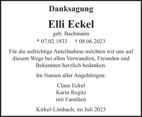 Todesanzeige von Elli Eckel von saarbruecker_zeitung