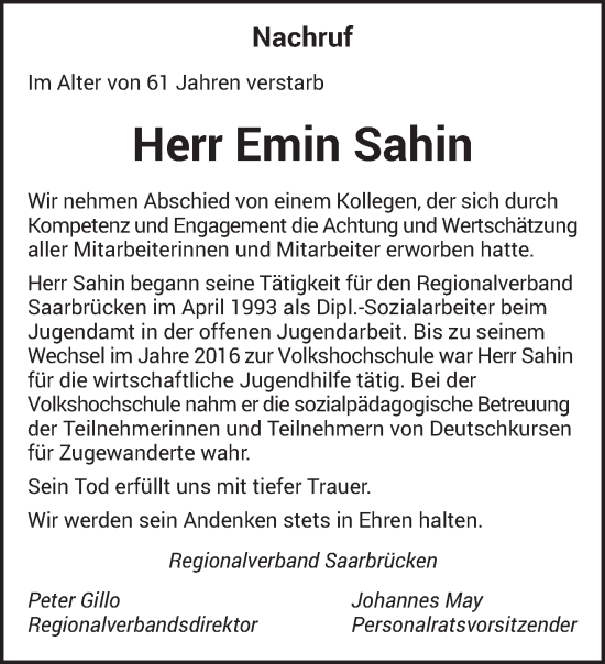 Todesanzeige von Emin Sahin von saarbruecker_zeitung