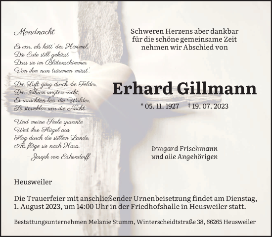 Todesanzeige von Erhard Gillmann von saarbruecker_zeitung