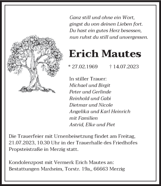 Todesanzeige von Erich Mautes von saarbruecker_zeitung