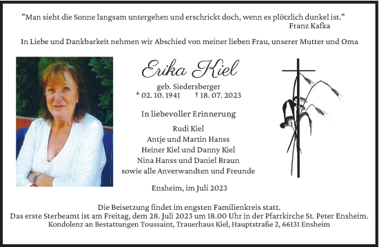 Todesanzeige von Erika Kiel von saarbruecker_zeitung