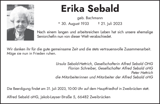 Todesanzeige von Erika Sebald von saarbruecker_zeitung