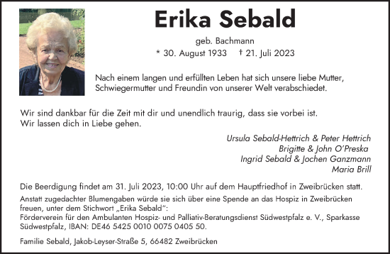 Todesanzeige von Erika Sebald von saarbruecker_zeitung