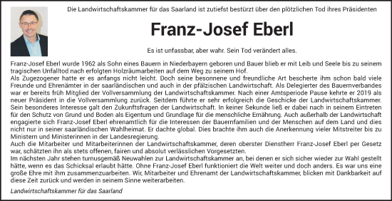 Todesanzeige von Franz-Josef Eberl von saarbruecker_zeitung