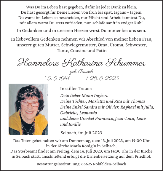 Todesanzeige von Hannelore Katharina Schummer von saarbruecker_zeitung