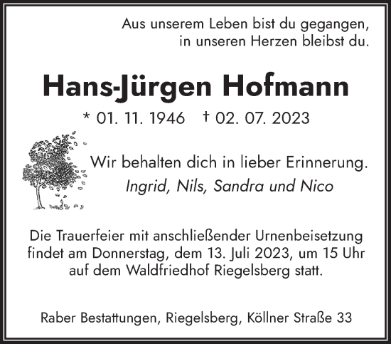 Todesanzeige von Hans-Jürgen Hofmann von saarbruecker_zeitung