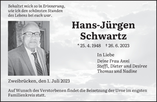 Todesanzeige von Hans-Jürgen Schwartz von saarbruecker_zeitung