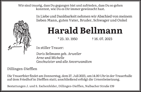 Todesanzeige von Harald Bellmann von saarbruecker_zeitung