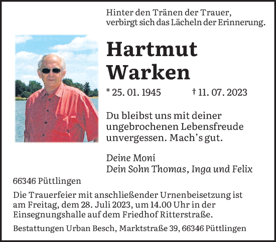 Todesanzeige von Hartmut Warken von saarbruecker_zeitung