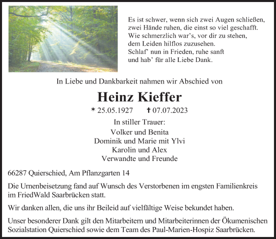 Todesanzeige von Heinz Kieffer von saarbruecker_zeitung