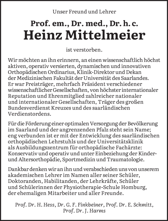 Todesanzeige von Heinz Mittelmeier von saarbruecker_zeitung