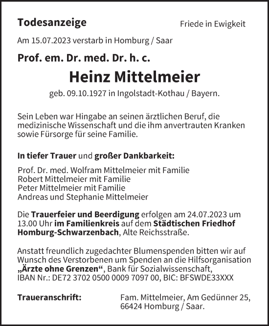 Todesanzeige von Heinz Mittelmeier von saarbruecker_zeitung