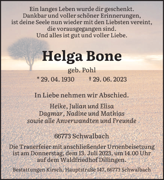 Todesanzeige von Helga Bone von saarbruecker_zeitung