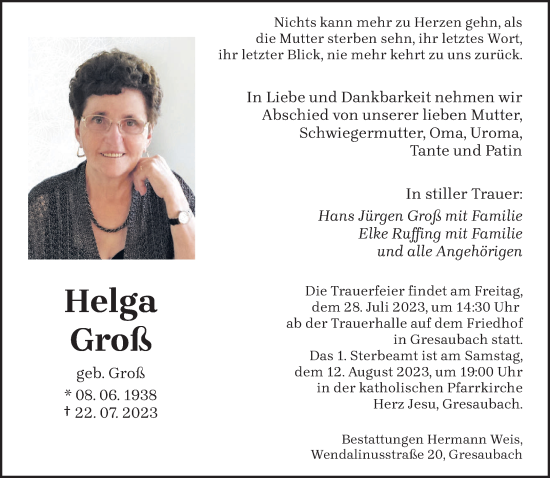 Todesanzeige von Helga Groß von saarbruecker_zeitung