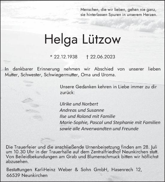 Todesanzeige von Helga Lützow von saarbruecker_zeitung