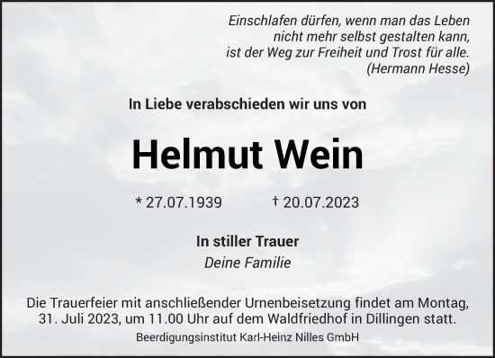 Todesanzeige von Helmut Wein von saarbruecker_zeitung