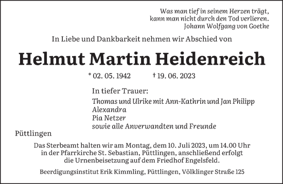 Todesanzeige von Helmut Martin Heidenreich von saarbruecker_zeitung