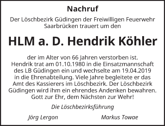 Todesanzeige von Hendrik Köhler von saarbruecker_zeitung