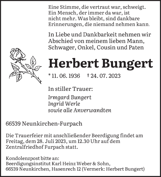 Todesanzeige von Herbert Bungert von saarbruecker_zeitung