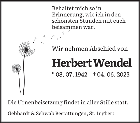 Todesanzeige von Herbert Wendel von saarbruecker_zeitung