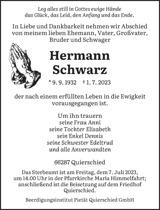 Todesanzeige von Hermann Schwarz von saarbruecker_zeitung