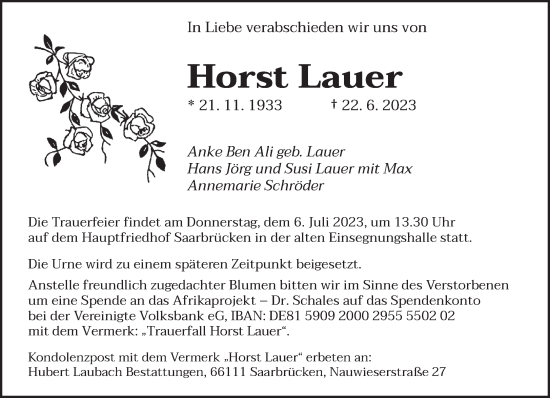Todesanzeige von Horst Lauer von saarbruecker_zeitung