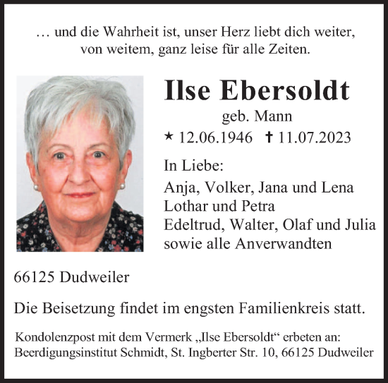 Todesanzeige von Ilse Ebersoldt von saarbruecker_zeitung