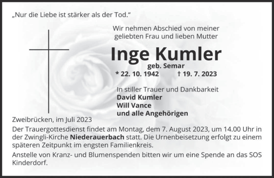 Todesanzeige von Inge Kumler von saarbruecker_zeitung