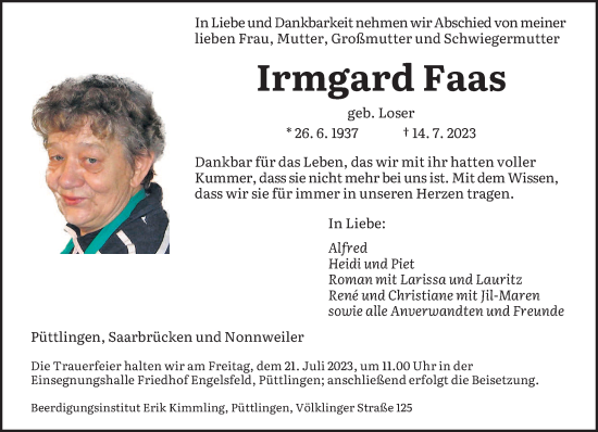 Todesanzeige von Irmgard Faas von saarbruecker_zeitung