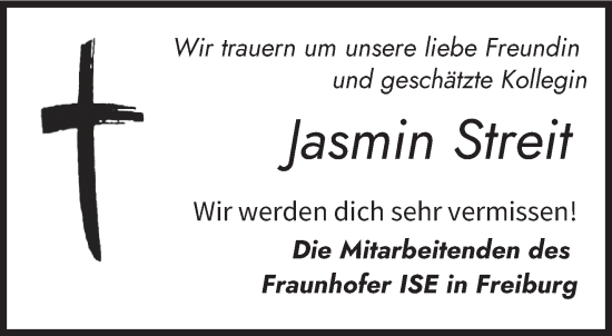 Todesanzeige von Jasmin Streit von saarbruecker_zeitung