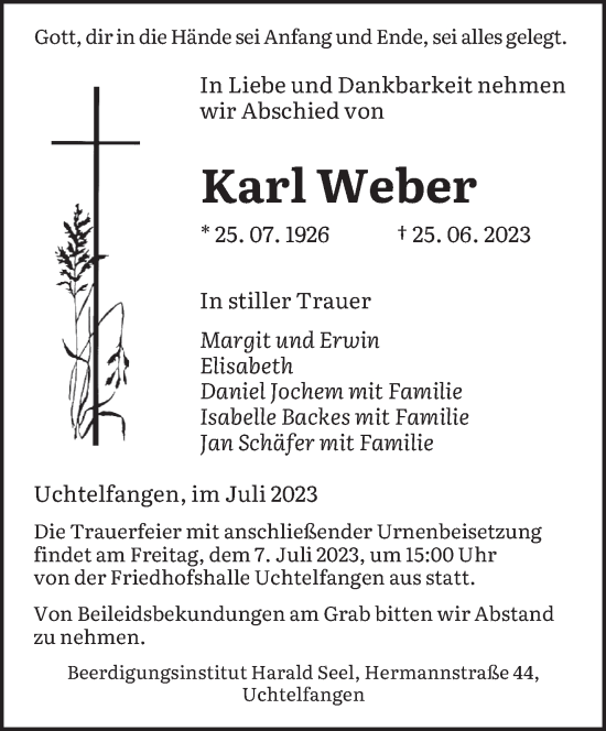 Todesanzeige von Karl Weber von saarbruecker_zeitung