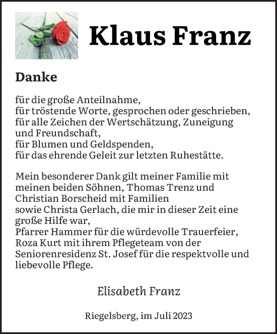 Todesanzeige von Klaus Franz von saarbruecker_zeitung