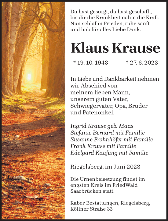 Todesanzeige von Klaus Krause von saarbruecker_zeitung