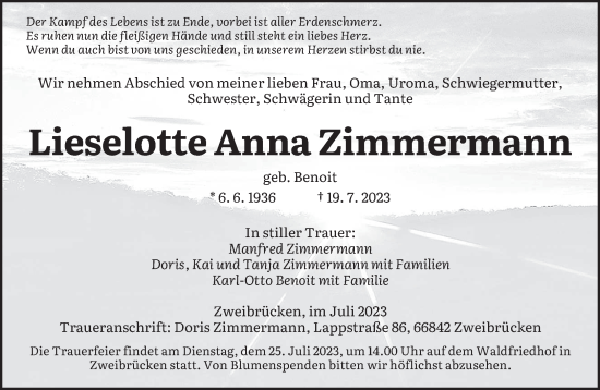 Todesanzeige von Lieselotte Anna Zimmermann von saarbruecker_zeitung