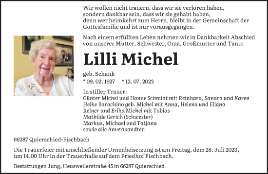 Todesanzeige von Lilli Michel von saarbruecker_zeitung